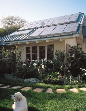 Sixty photovoltaic panels mounted on a series of interconnecting pitched and gabled roofs provide 95 percent of the home’s power.